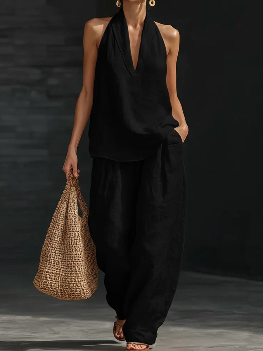 Ensemble deux pièces à col en V, sans manches – débardeur + pantalon