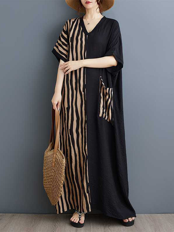 Robe longue rayée coupe trapèze, à manches chauve-souris, à poches, à empiècements, à col en V, couleur contrastée