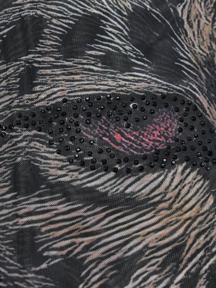 Robe longue transparente taille haute, à manches longues, à imprimé animal, à col cheminée