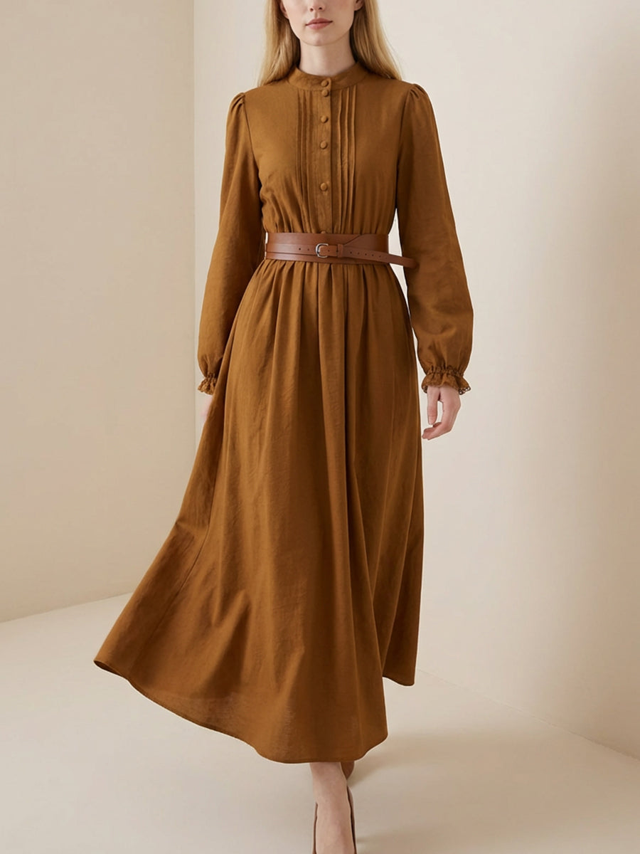 Robe chemise boutonnée plissée coupe trapèze, à taille élastique, avec ceinture, à empiècements, à col montant, couleur contrastée