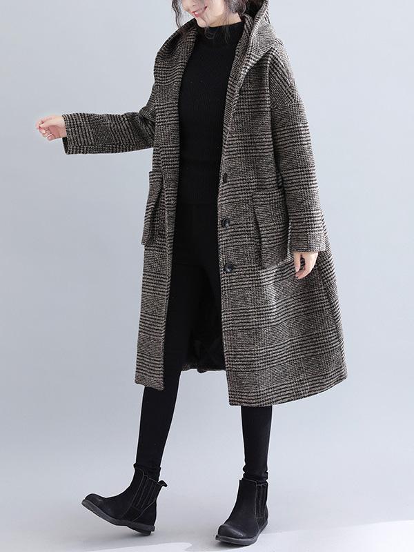 Manteau ample à capuche en laine à carreaux