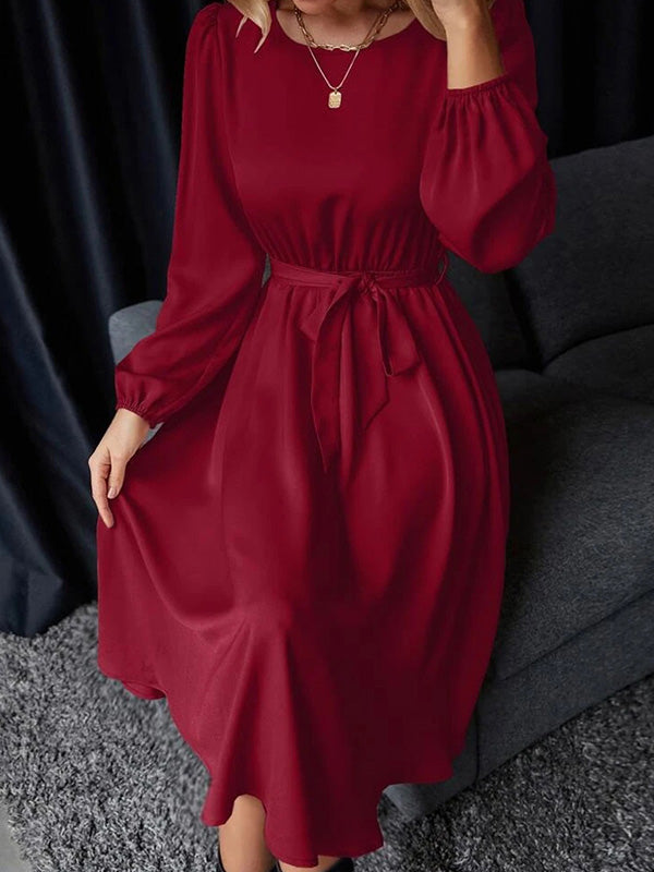 Robe mi-longue ample plissée à manches bouffantes, à taille élastique, à empiècements, à taille nouée, à col rond, couleur unie