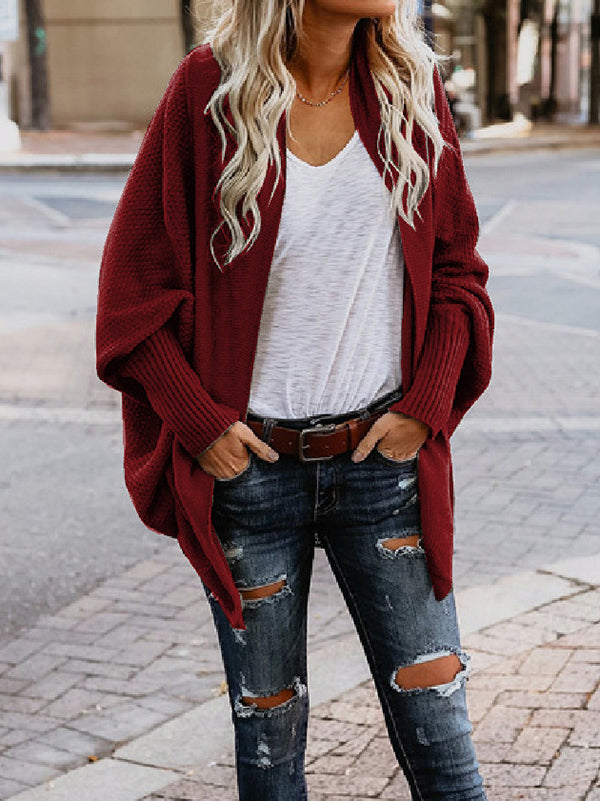 Cardigan décontracté ample à manches chauve-souris, couleur unie