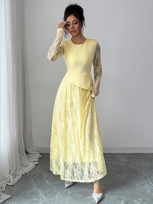 Robe longue asymétrique superposée transparente coupe trapèze, à coupe irrégulière, à imprimé floral, à empiècements, à col rond, couleur unie