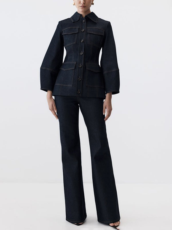 Jean taille haute, à jambes larges, à poches, couleur unie