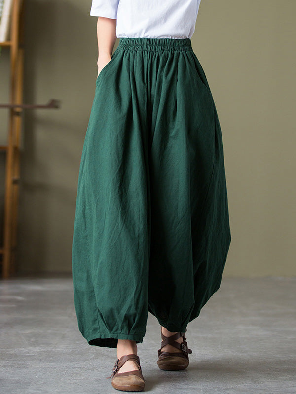 Knickerbockers à jambes larges et amples en lin, couleur unie, cordon de serrage plissé