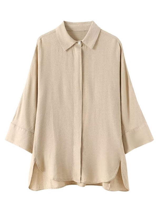Ensemble deux pièces ample fendu sur le côté plissé à empiècements, à col revers, à taille élastique, couleur unie – chemisier + pantalon