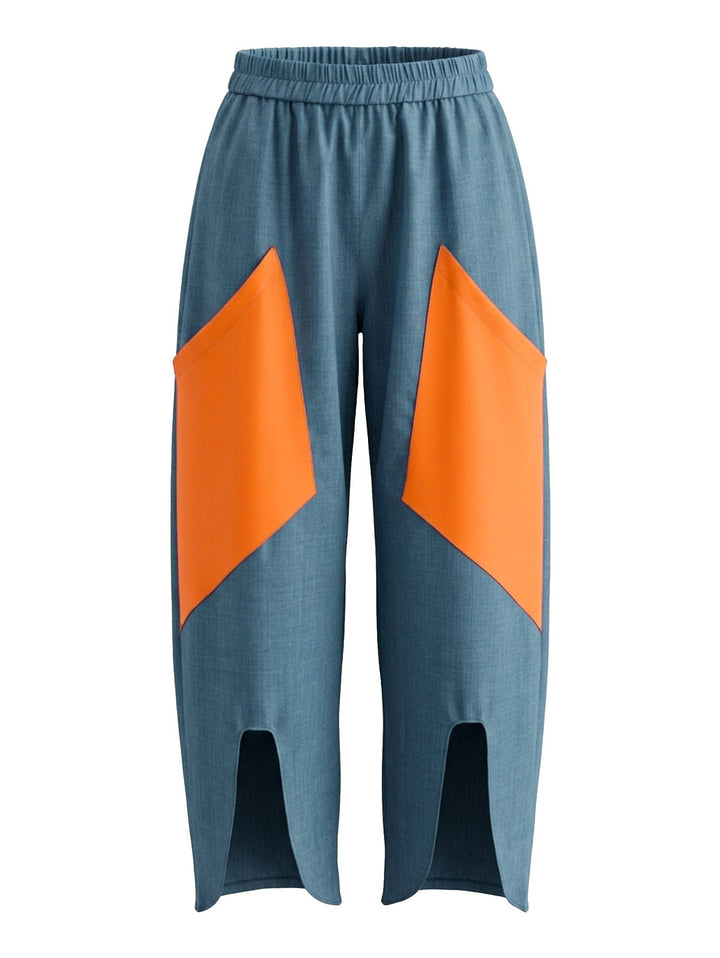 Pantalon ample taille haute, à taille élastique, à poches, à empiècements, couleur contrastée