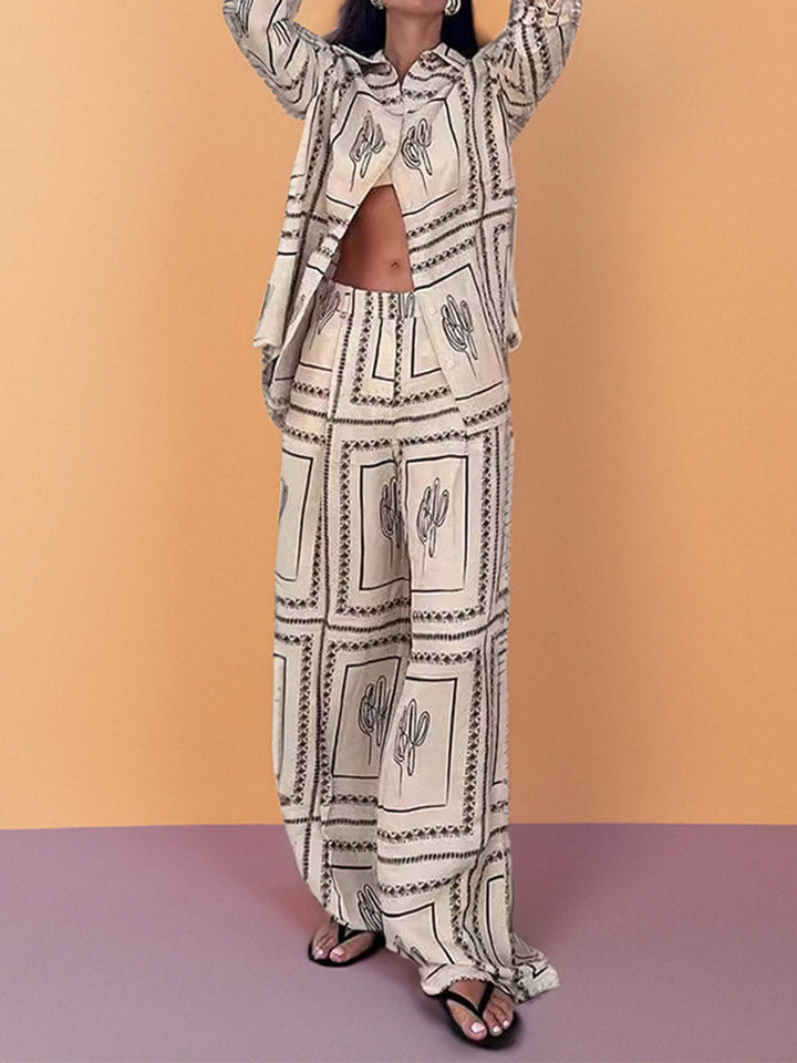 Ensemble deux pièces ample géométrique imprimé boutonné à empiècements, à manches longues, à col revers, couleur contrastée – chemisier + pantalon