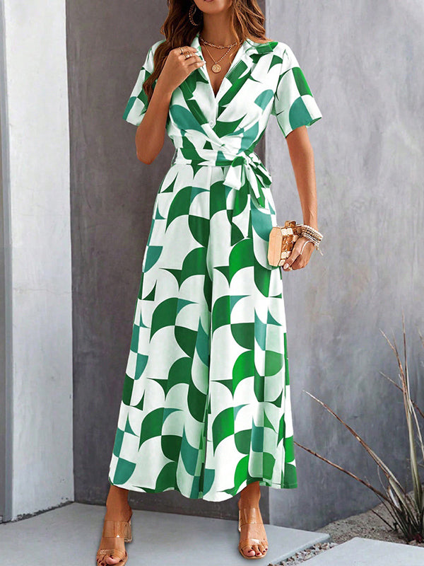 Combinaison ample boutonnée taille haute, à taille nouée, à col en V, couleur contrastée