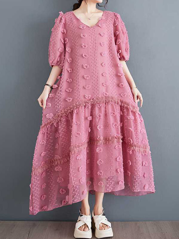 Robe mi-longue coupe trapèze, à manches mi-longues, à taille élastique, en jacquard, à empiècements, à col en V, couleur unie