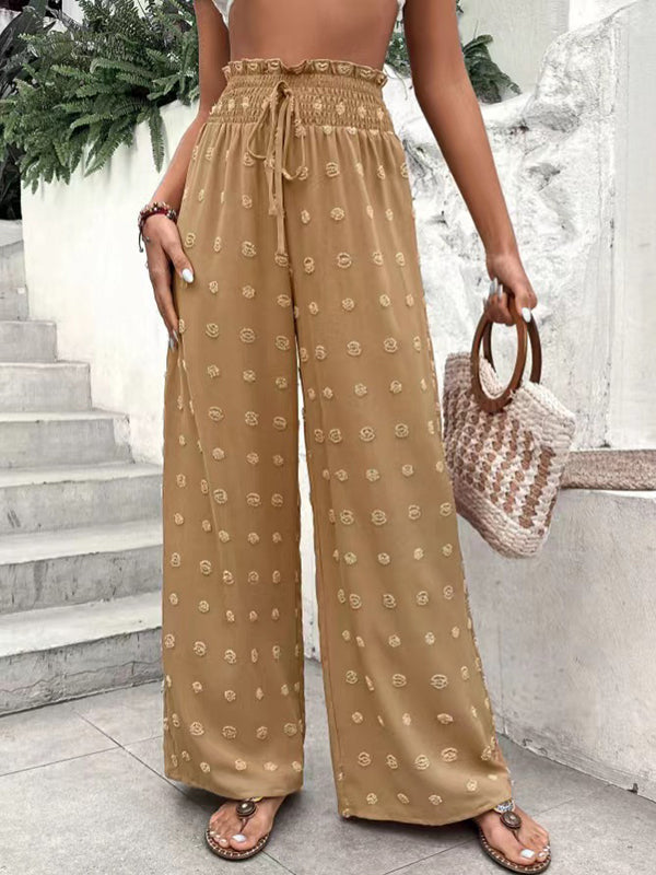 Pantalon ample taille haute, à cordon de serrage, à taille élastique, en jacquard, couleur unie