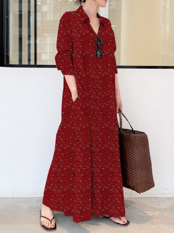 Robe longue imprimée vintage, à col revers, à manches longues