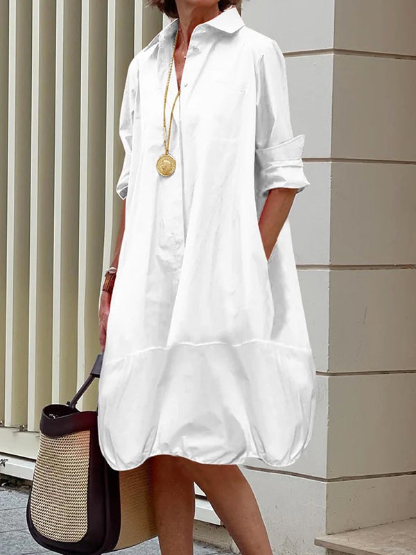 Robe chemise ample à manches longues, à col revers, couleur unie