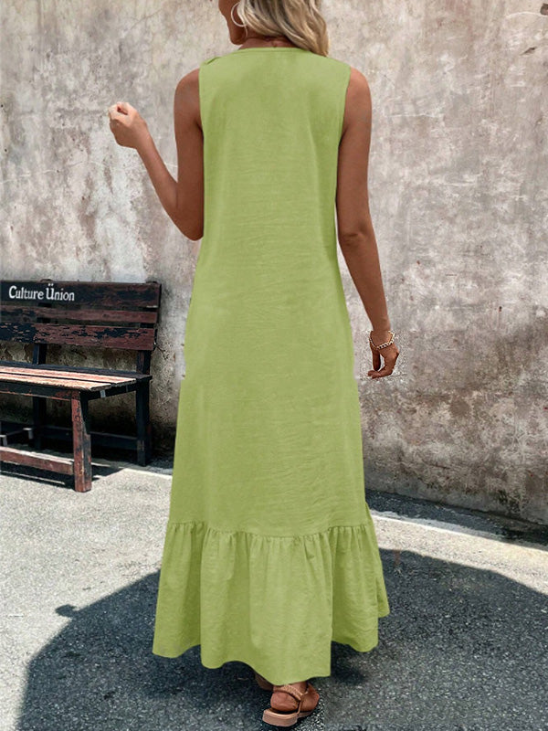 Robe longue ample plissée coupe trapèze, à bordure volantée, à col en V, couleur unie