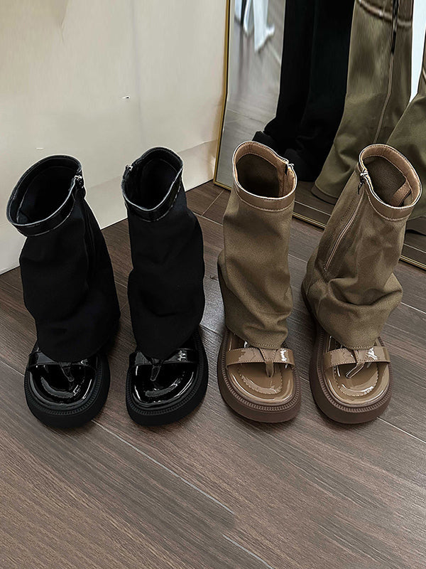 Bottes à fermeture éclair creuses à empiècements et à bout fendu, chaussures à plateforme, sandales