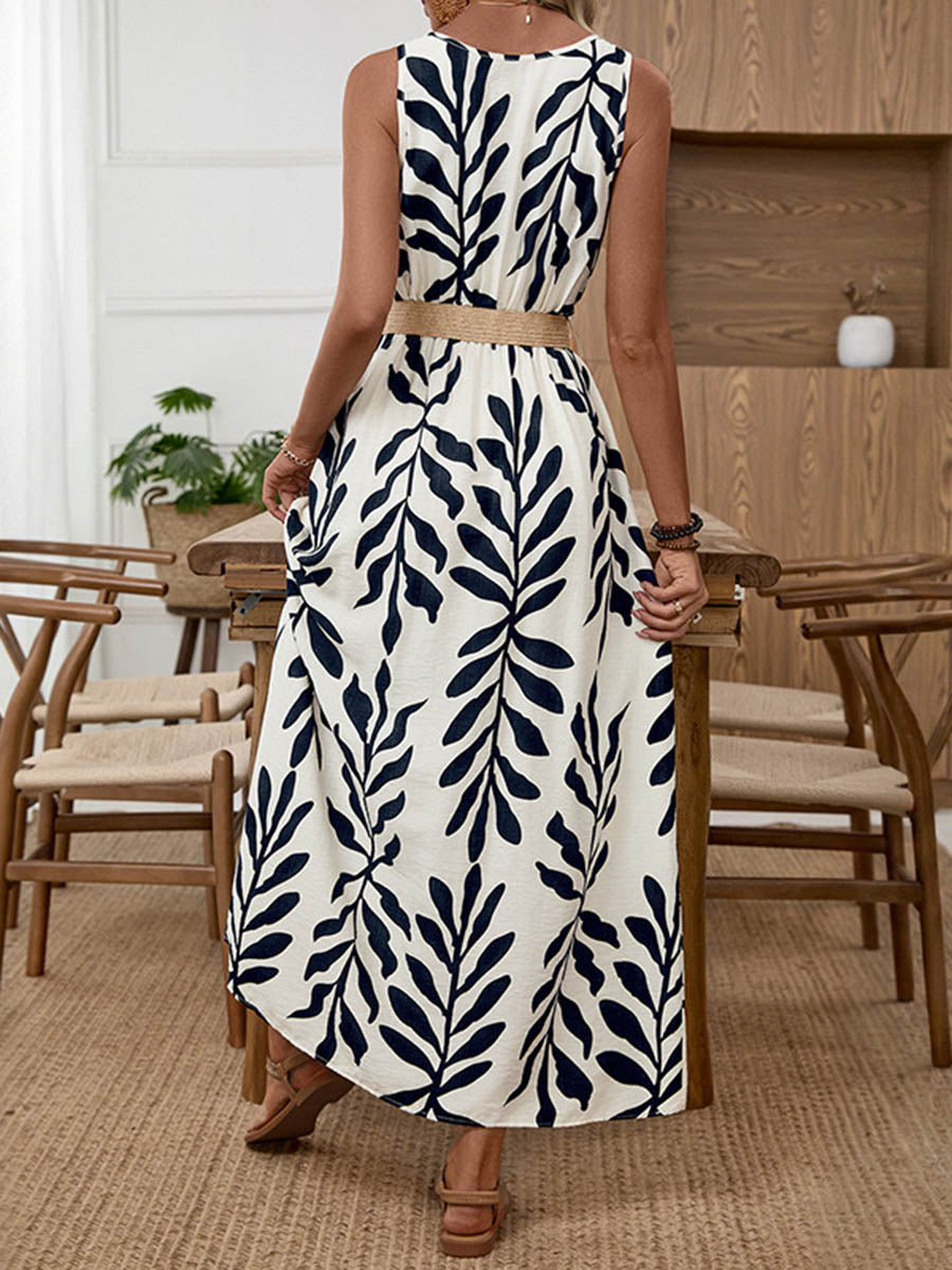 Robe longue boutonnée taille haute, sans manches, à boucle de ceinture, à imprimé feuilles, à col en V, couleur contrastée