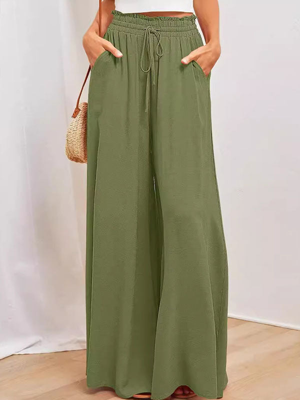 Pantalon ample taille haute, à cordon de serrage, à taille élastique, à poches, couleur unie