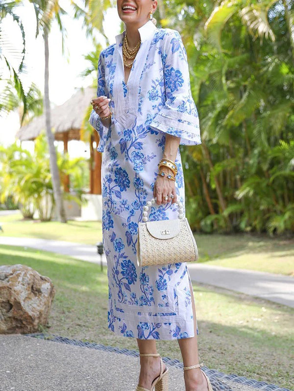 Robe mi-longue ample fendue sur le côté à manches évasées, à imprimé floral, à empiècements, à décolleté en V profond