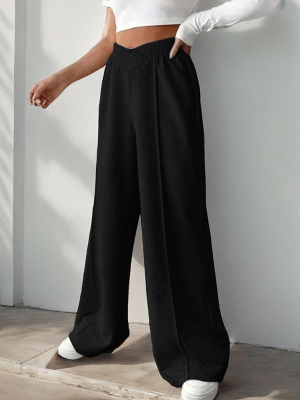 Pantalon ample taille haute, à taille élastique, couleur unie