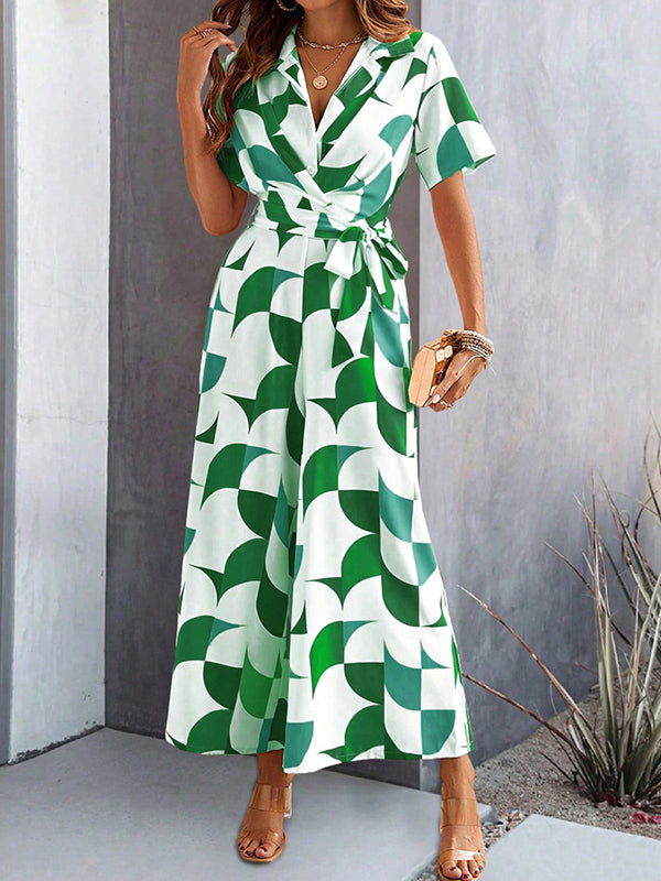 Combinaison ample boutonnée taille haute, à taille nouée, à col en V, couleur contrastée