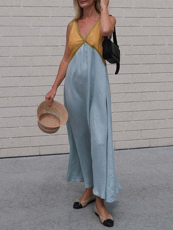 Robe longue ample sans manches, à empiècements, à décolleté en V profond, couleur contrastée