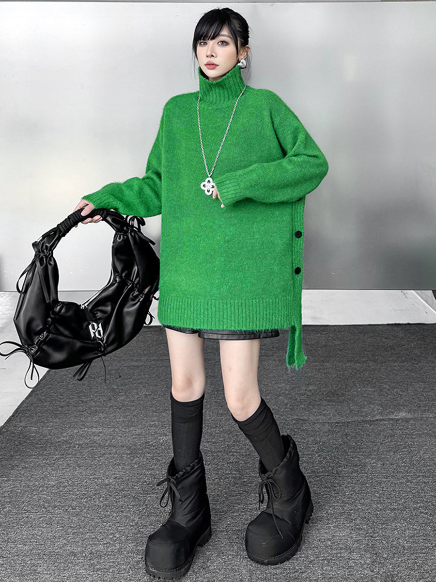 Irrégularité Manches Longues Côtes Boutonnées Couleur Unie Joint Fendu Col Haut Pull Hauts