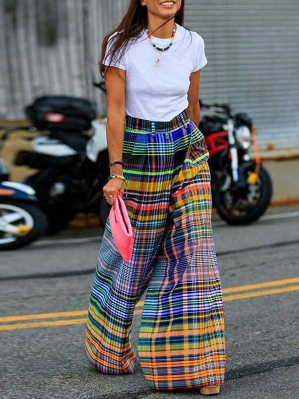 Pantalon élégant ample imprimé décontracté à jambes larges, à damier