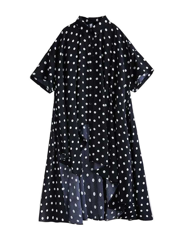 Robe chemise asymétrique boutonnée coupe trapèze, à ourlet plongeant, à pois, à col revers