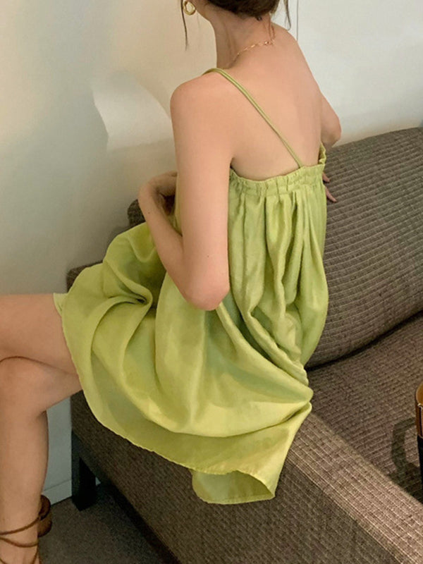 Robes courtes ample plissée sans manches, couleur unie, col Spaghetti, robe à bretelles
