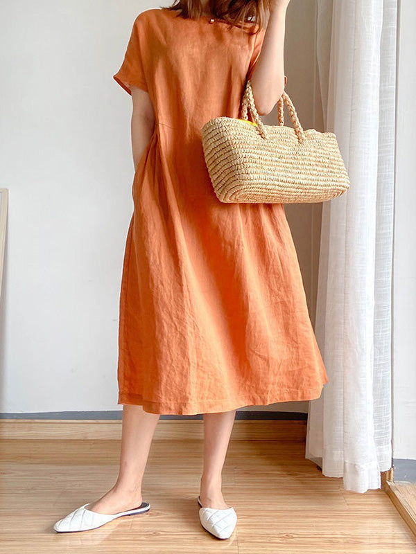 Robe mi-longue décontractée ample à col rond, couleur unie