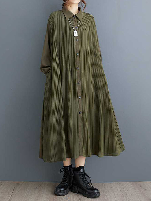 Robe chemise boutonnée plissée coupe trapèze, à manches longues, à poches, à empiècements, à col revers