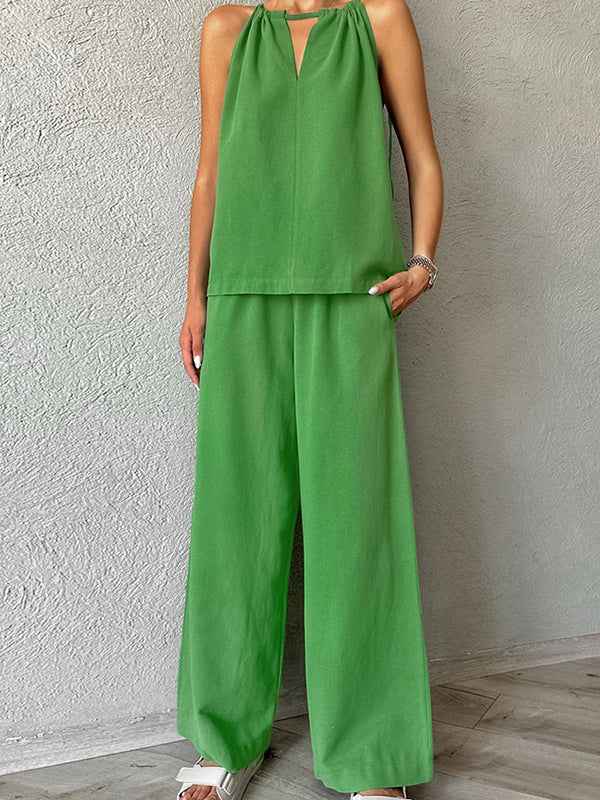 Gilet ample à col licou et pantalon taille haute élastique, ensemble deux pièces