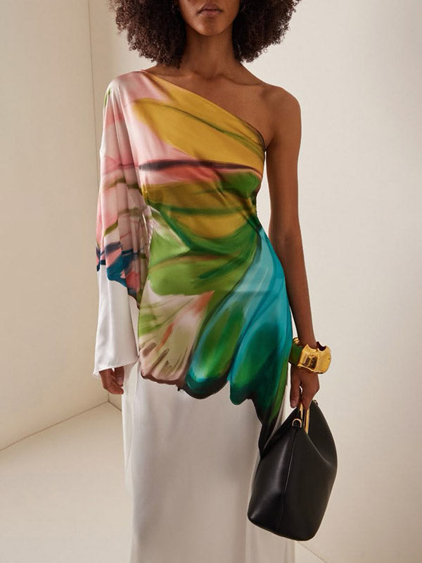Robe longue ample asymétrique à manches longues, à imprimé floral, asymétrique à une épaule