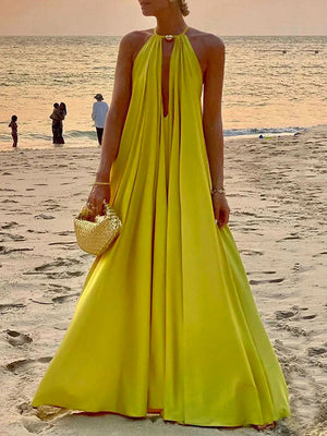 Robe longue sans manches, à décolleté en V profond, couleur unie