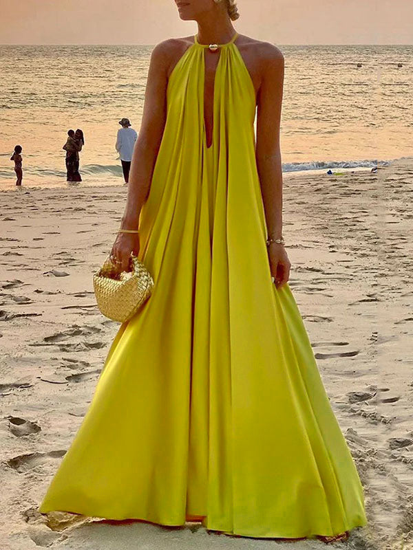 Robe longue sans manches, à décolleté en V profond, couleur unie