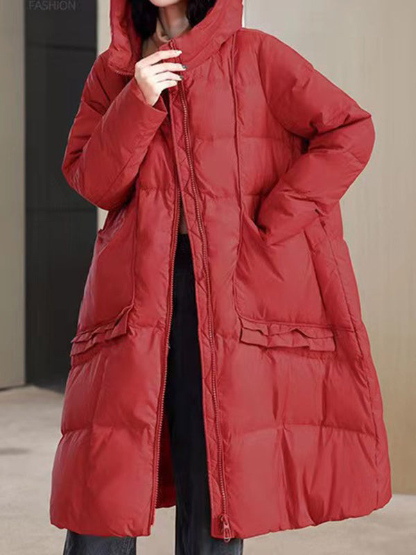Manteau en duvet à capuche à manches longues et poches amples de couleur unie