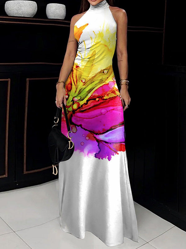 Robe longue coupe près du corps, sans manches, à imprimé floral, à col haut
