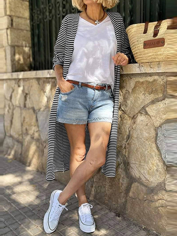 Manteaux cardigan sans col rayés de couleur contrastée à manches longues