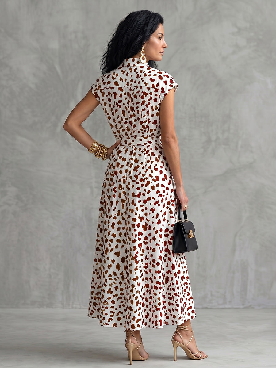 Robe chemise boutonnée imprimée coupe trapèze, à mancherons, à imprimé léopard, à taille nouée