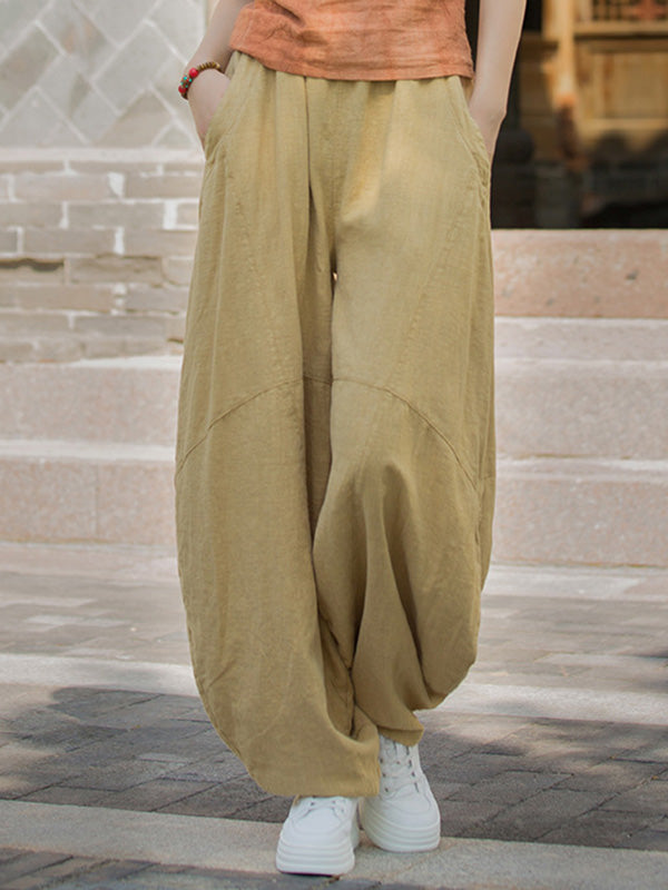 Pantalon ample à taille élastique, à poches, à empiècements, couleur unie