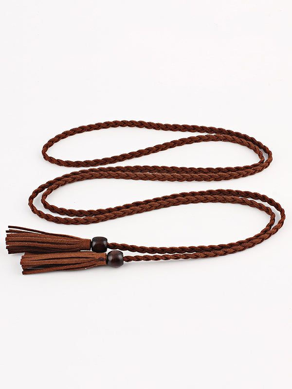 Ceinture de couleur unie à pompons en cuir artificiel de Bohême