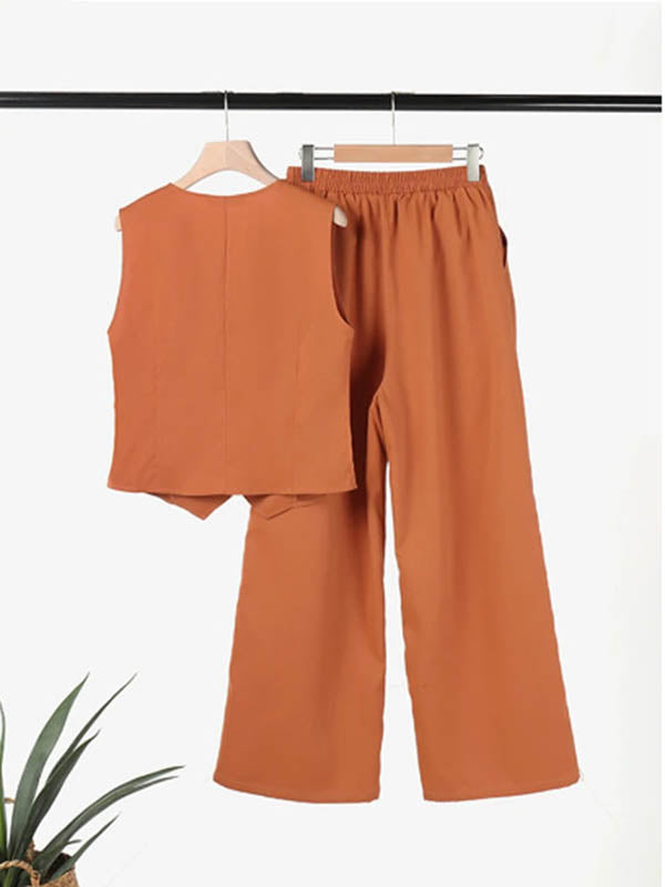 Ensemble deux pièces ample, couleur unie, col en v, pantalon élastique, grande taille