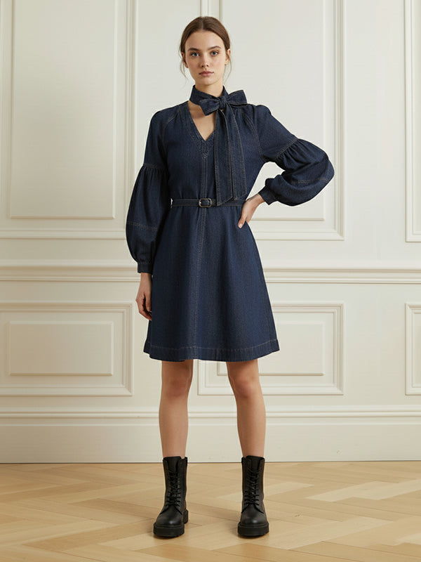 Robe courte à manches longues, à manches bouffantes, avec ceinture, à nœud, à col en V, couleur unie