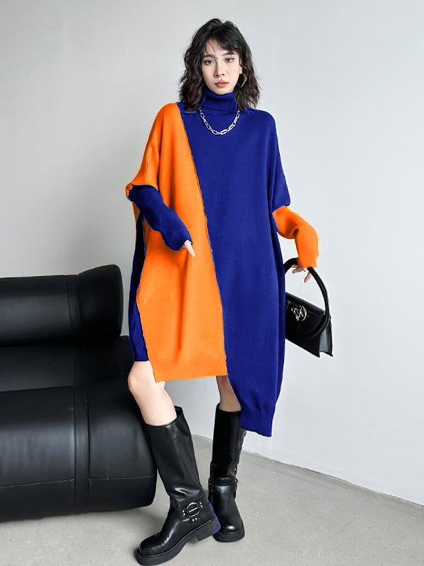 Robe pull mi-longue asymétrique à manches chauve-souris et col haut, couleur contrastée