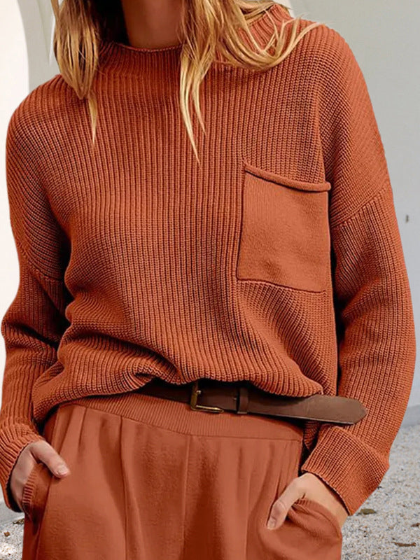 Pull en maille ample à manches longues, à poches, à col rond, couleur unie