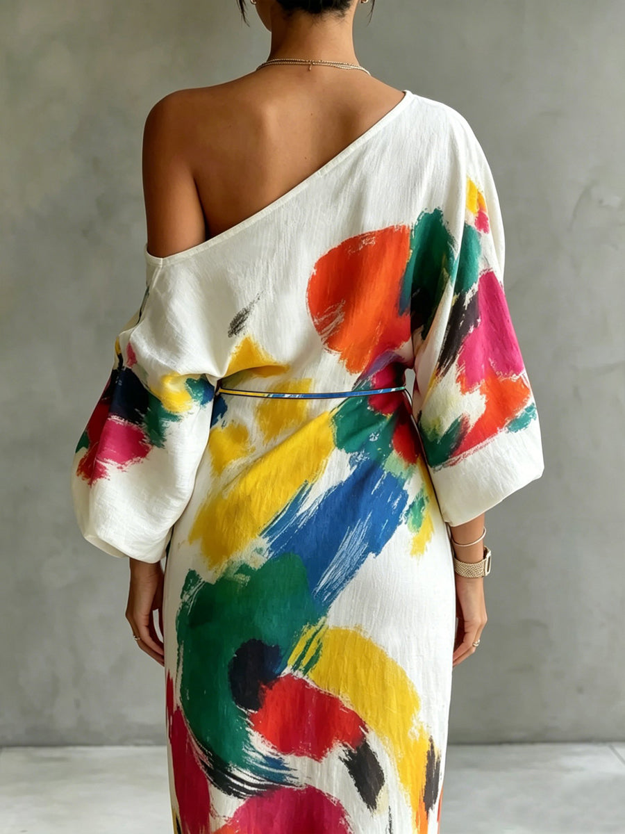 Robe longue ample asymétrique imprimée à manches longues, à poches, asymétrique à une épaule, couleur contrastée