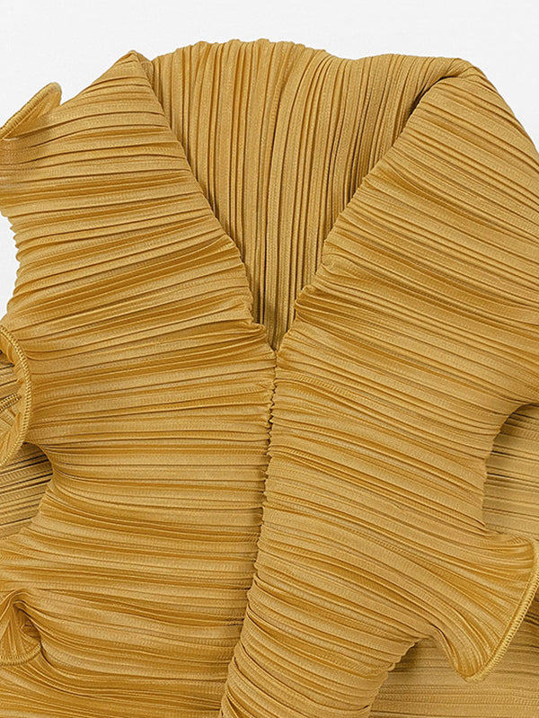 Robe longue ample nouée plissée à manches longues, à falbalas, à col en V, couleur unie