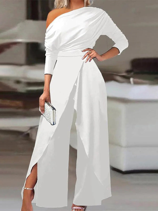 Ensemble deux pièces asymétrique à une épaule, à manches longues, taille haute, à jambes larges, couleur unie – t-shirt + pantalon