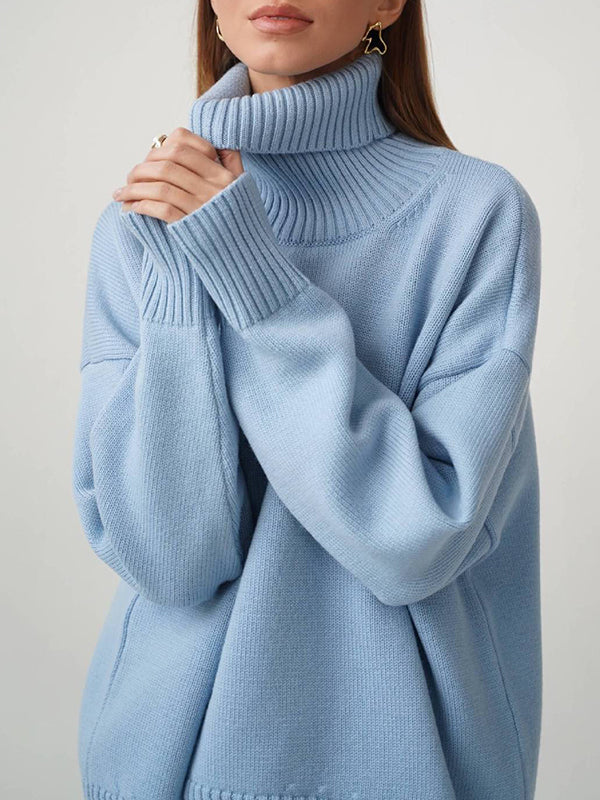 Pull en maille ample à manches longues, à col haut, couleur unie